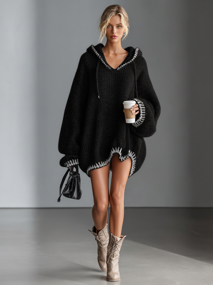Women's Loose Hooded Pink Trimmed Knit Mini Dress