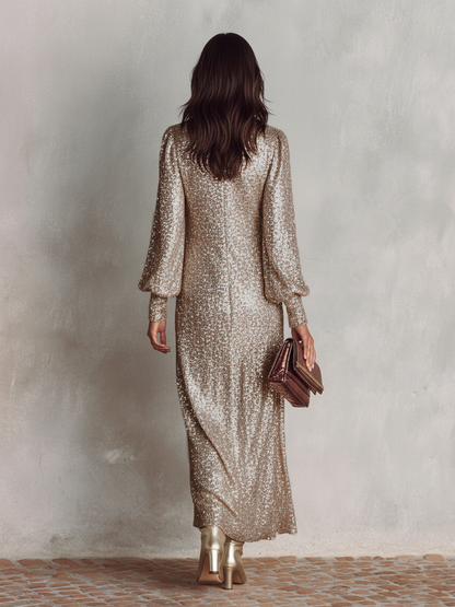 Women's Minimalist Loose Shimmering V-neck Maxi Party Dress