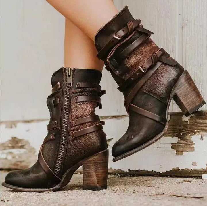 Botines de Piel para Mujer - Diseño Arrugado Desgastado - Correas con Hebilla - Tacón Cuadrado