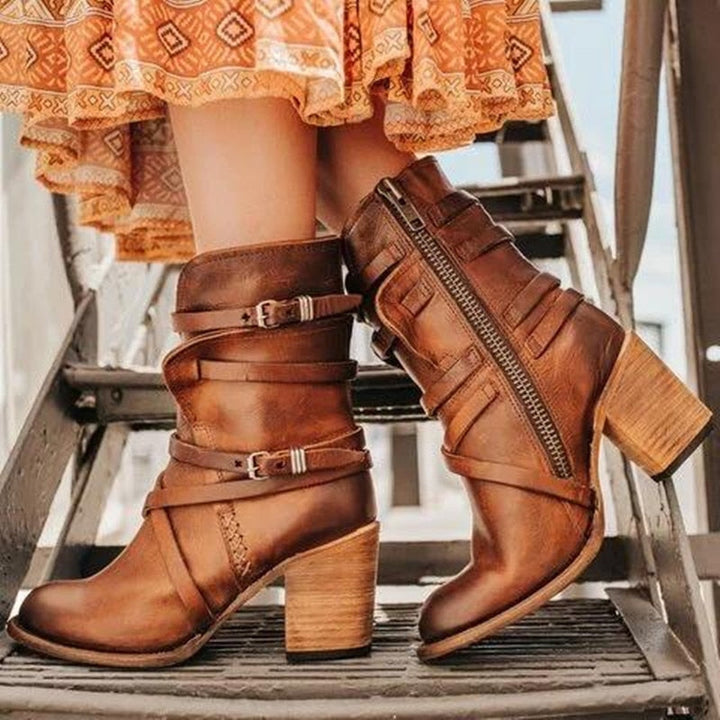 Botines de Piel para Mujer - Diseño Arrugado Desgastado - Correas con Hebilla - Tacón Cuadrado
