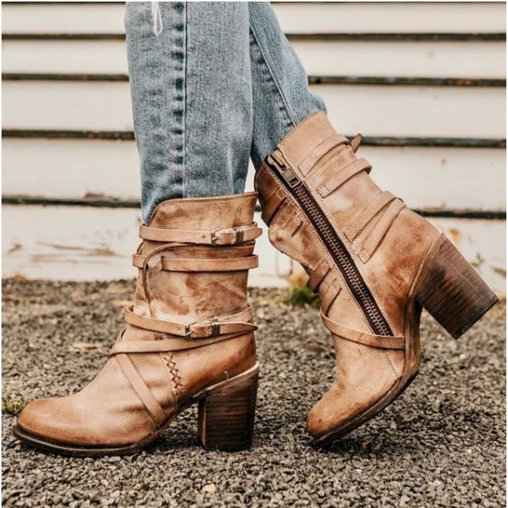 Botines de Piel para Mujer - Diseño Arrugado Desgastado - Correas con Hebilla - Tacón Cuadrado