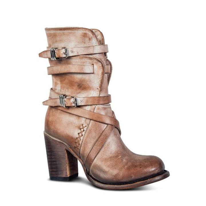 Botines de Piel para Mujer - Diseño Arrugado Desgastado - Correas con Hebilla - Tacón Cuadrado