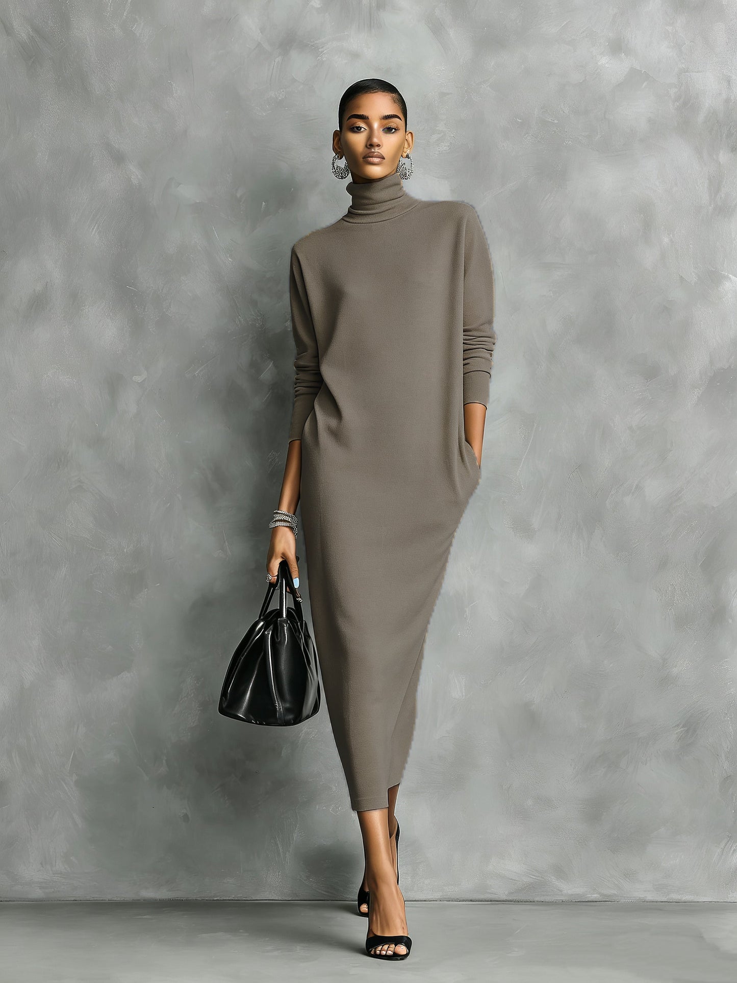 Women's Elegant Black Knitted Turtleneck Long-sleeved Loose-fitting Midi Dress With No Pockets