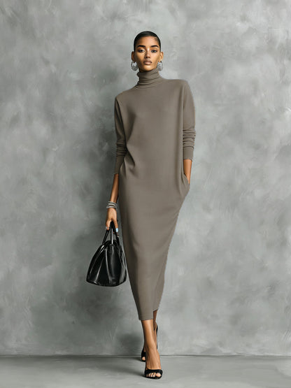 Women's Elegant Black Knitted Turtleneck Long-sleeved Loose-fitting Midi Dress With No Pockets