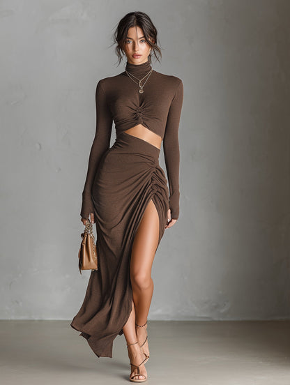 Women's Fashionable Brown Knitted Stretch Long-sleeved Dress