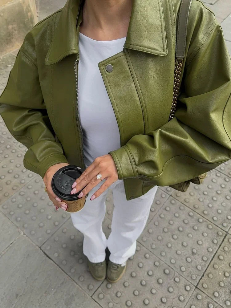 Women’s Relaxed Fit Oversized Leather Bomber Jacket
