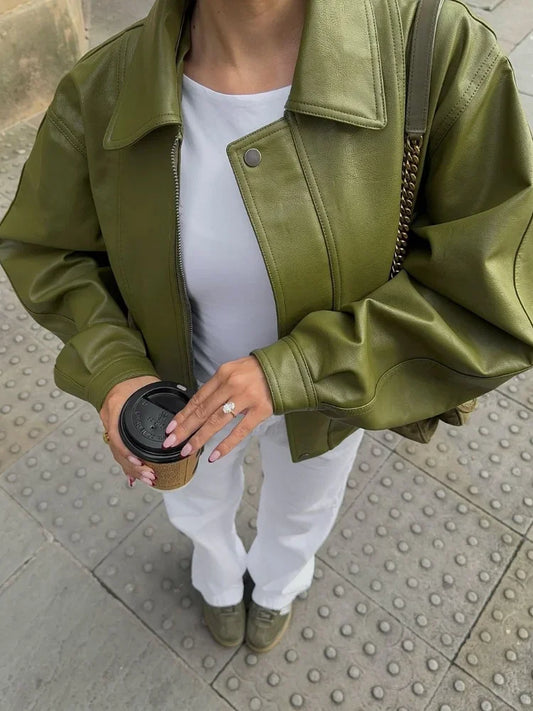 Chaqueta Bómber Extragrande de Cuero de Calce Relajado para Mujer