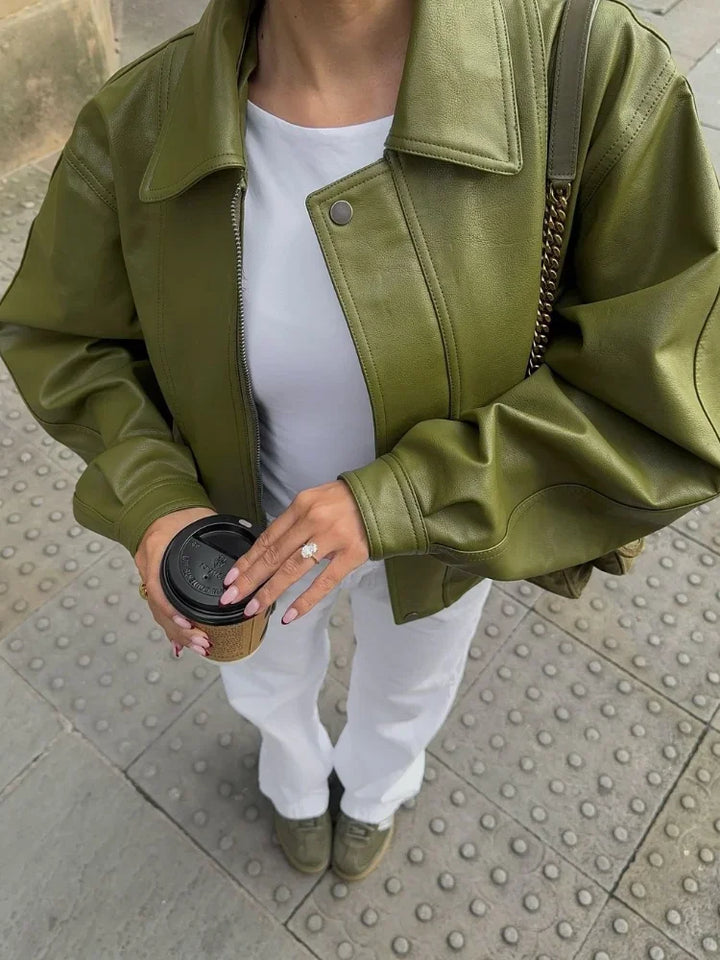 Women’s Relaxed Fit Oversized Leather Bomber Jacket