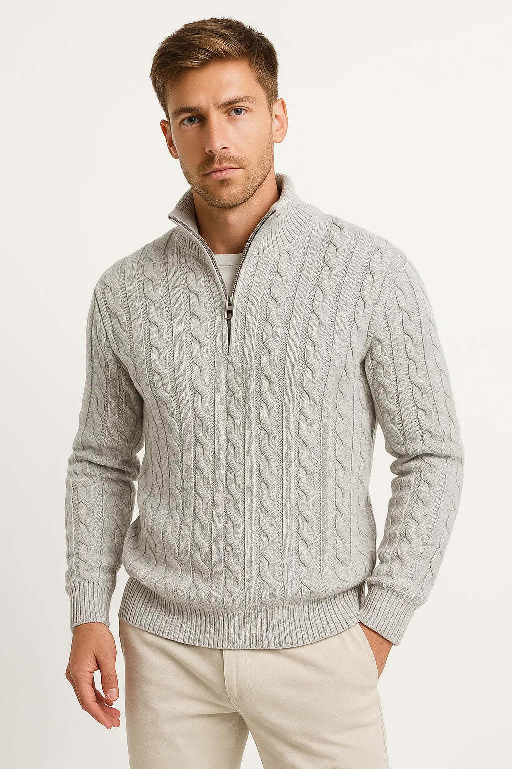 Men’s Spring Zip-Neck Cable Knit Sweater