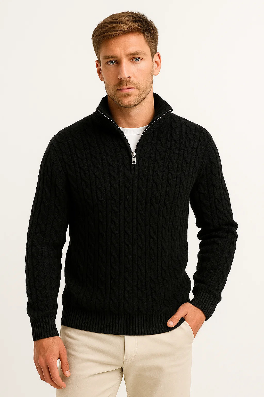 Men’s Spring Zip-Neck Cable Knit Sweater