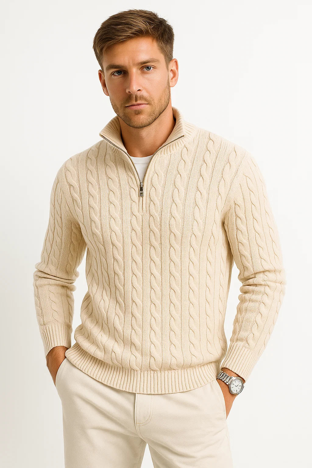 Men’s Spring Zip-Neck Cable Knit Sweater