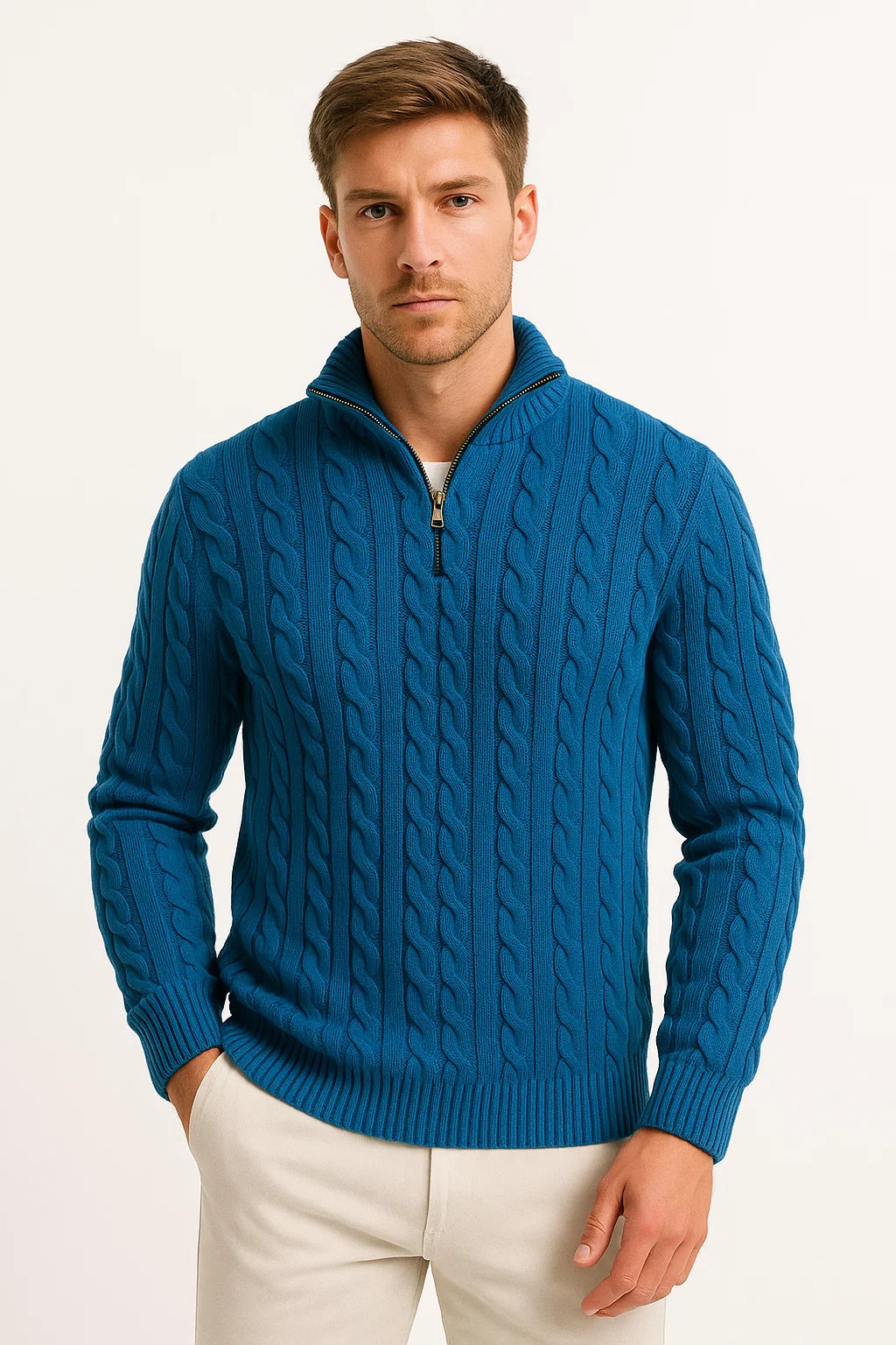 Men’s Spring Zip-Neck Cable Knit Sweater