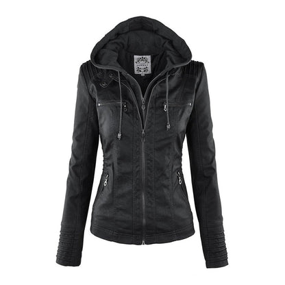 Women’s Hooded Zip-Up Casual Biker Jacket