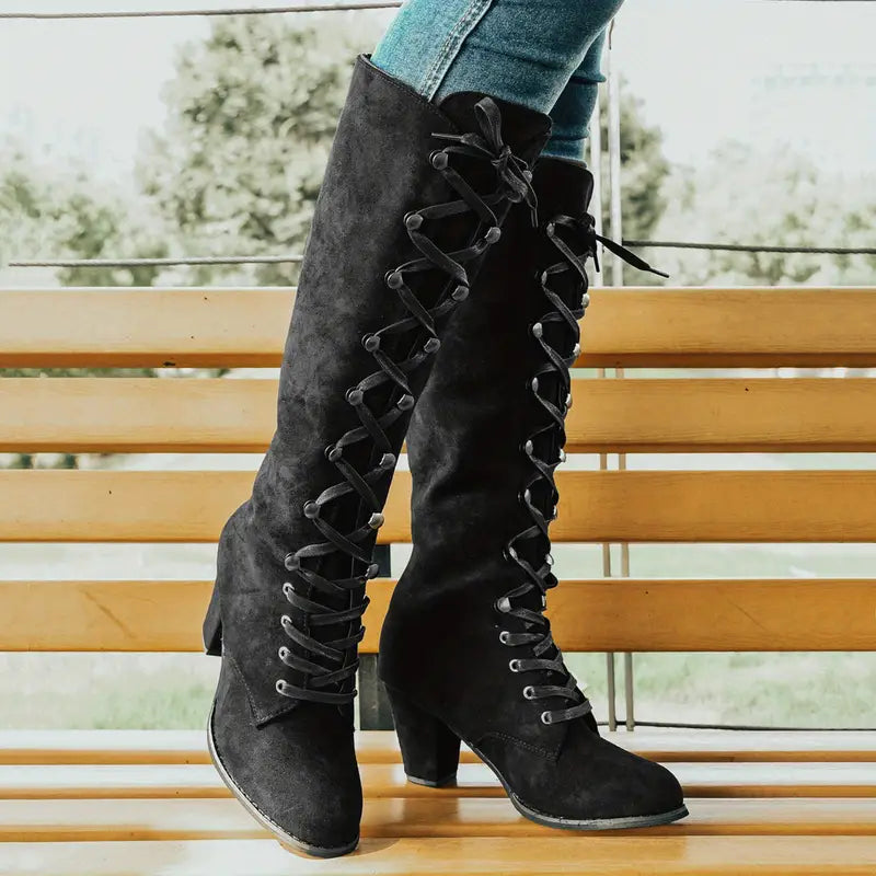 Botas largas de tacón grueso con cordones para mujer