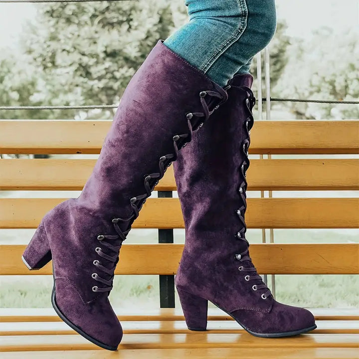 Botas largas de tacón grueso con cordones para mujer