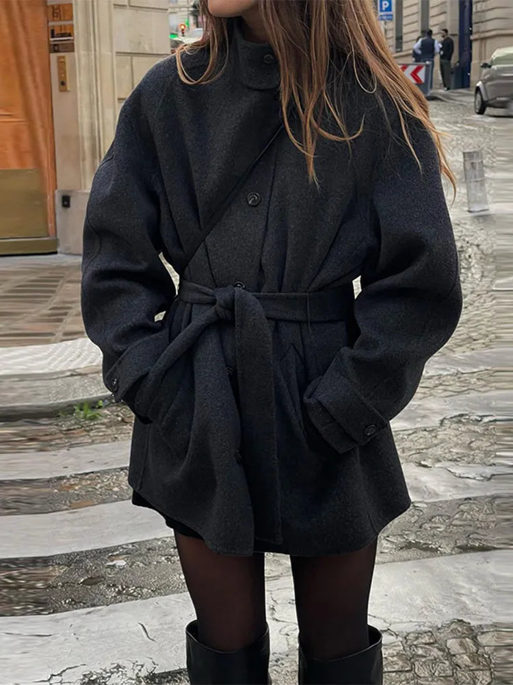 Women’s Winter Belted Stand Collar Short Coat