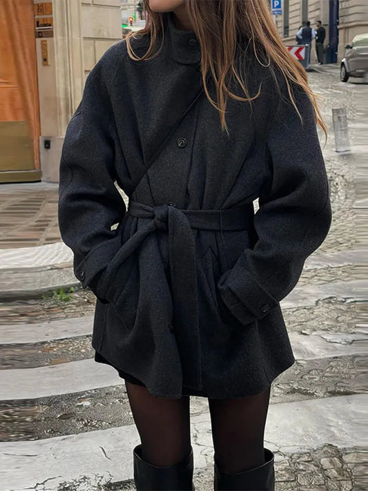 Women’s Winter Belted Stand Collar Short Coat