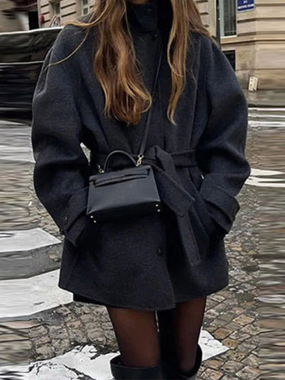 Women’s Winter Belted Stand Collar Short Coat