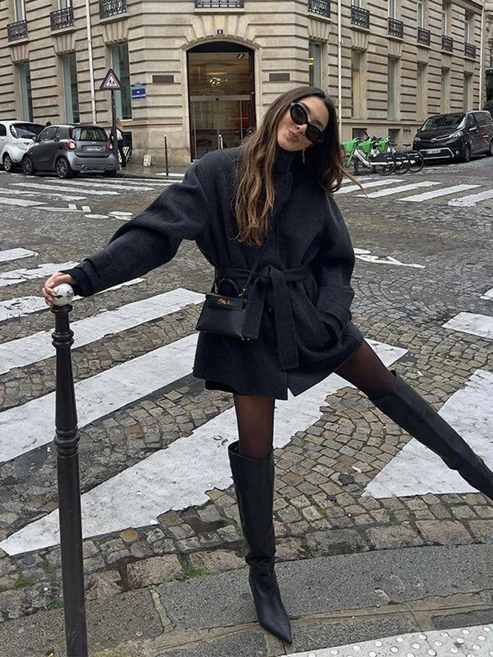 Women’s Winter Belted Stand Collar Short Coat