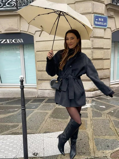 Women’s Winter Belted Stand Collar Short Coat