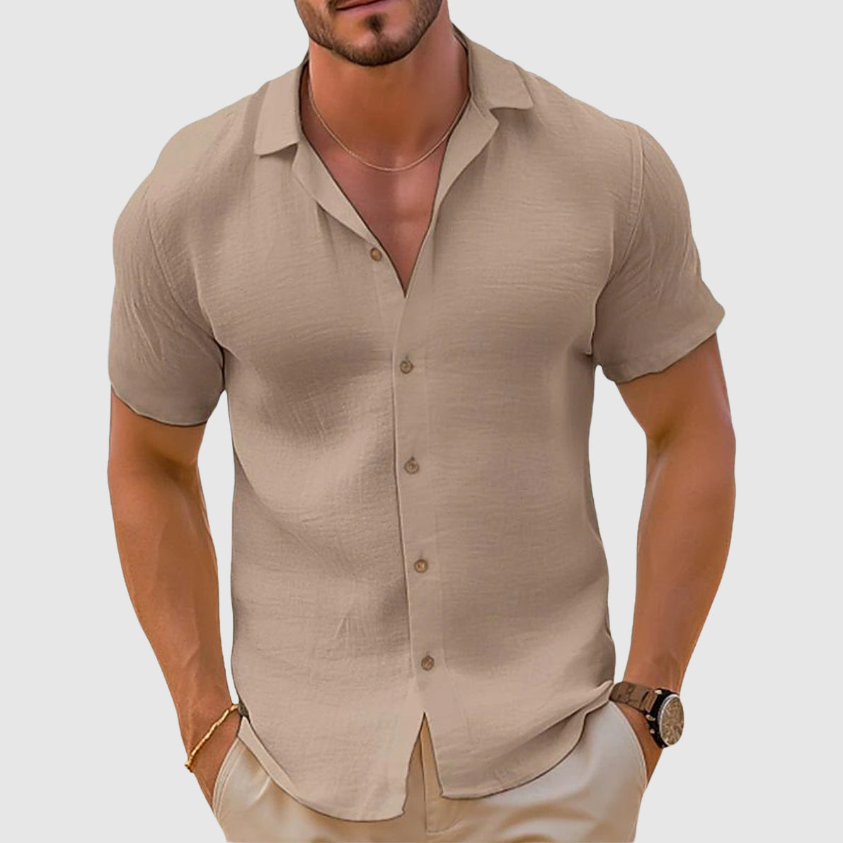 Men’s Spring Linen Short-Sleeve Button Shirt