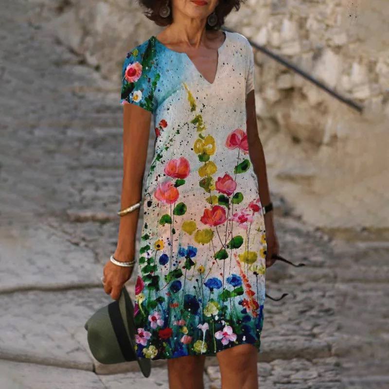 Vestido floral con cuello en V para mujer