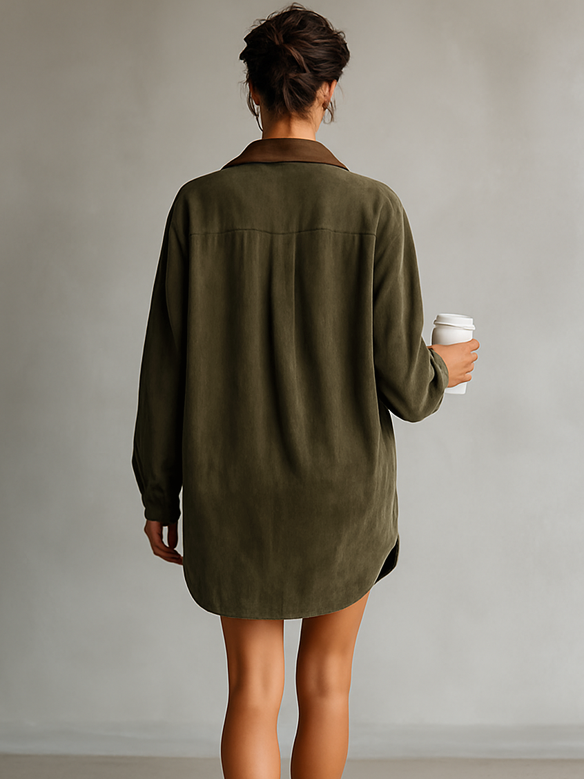 Women's Simple Loose Leather Lapel Spliced Suede Mini Dress