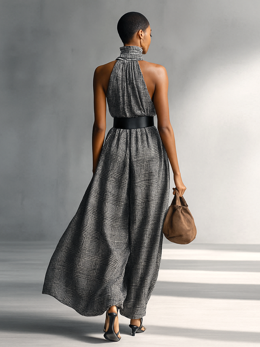 Women's Plaid High Collar Sleeveless Belted Maxi Dress