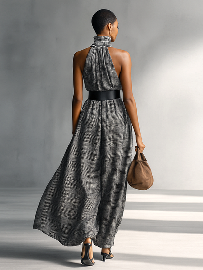 Women's Plaid High Collar Sleeveless Belted Maxi Dress