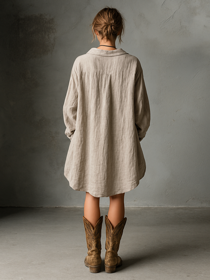 Women's Fashion Loose Cotton And Linen Button Lapel Mini Dress