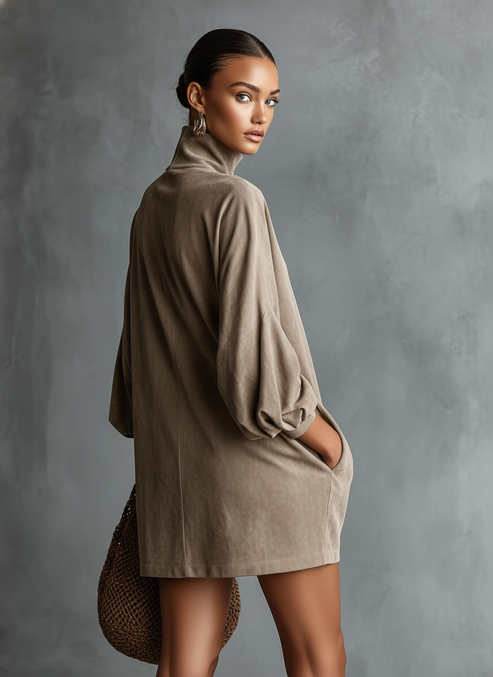 Women's Minimalist Loose-fitting Faux Suede High-neck Mini Dress