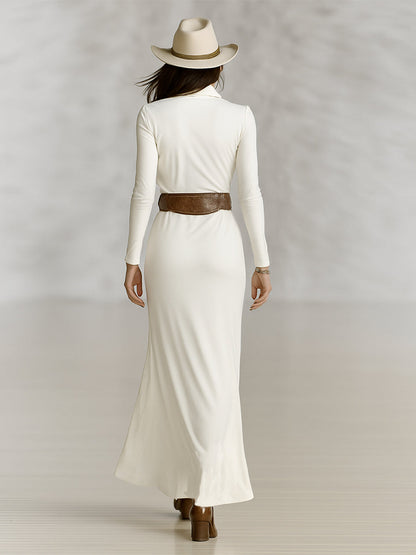 Women's Lapel Long Sleeve Waist-tightening Maxi Dress (without Belt)