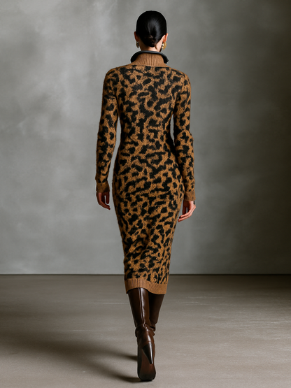 Women's Fashion Leopard Jacquard Knit Zipper Neck Midi Dress