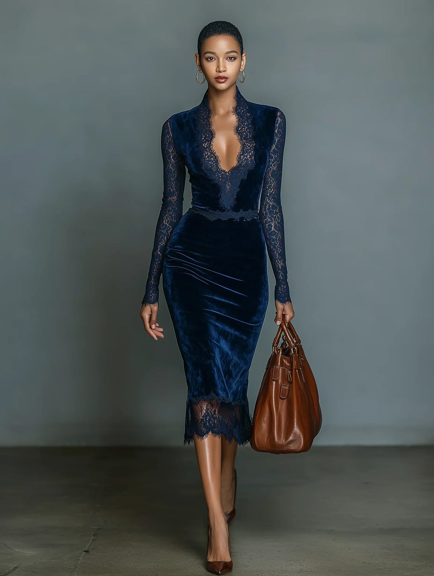 Elegant and Fashionable Dark Blue Midi Slim-fit V-neck Dress for Women with Lace Neckline and Sleeves