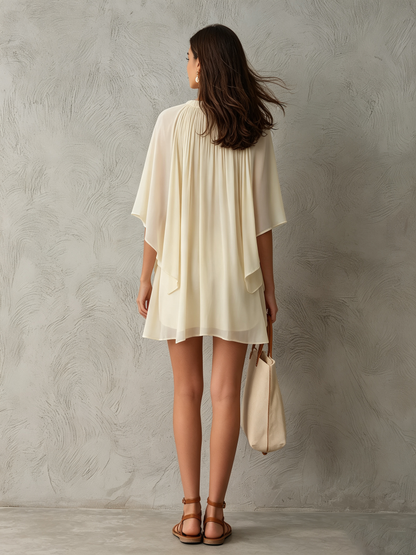 Women's Casual Beige Chiffon Short Dress With Cape Sleeves