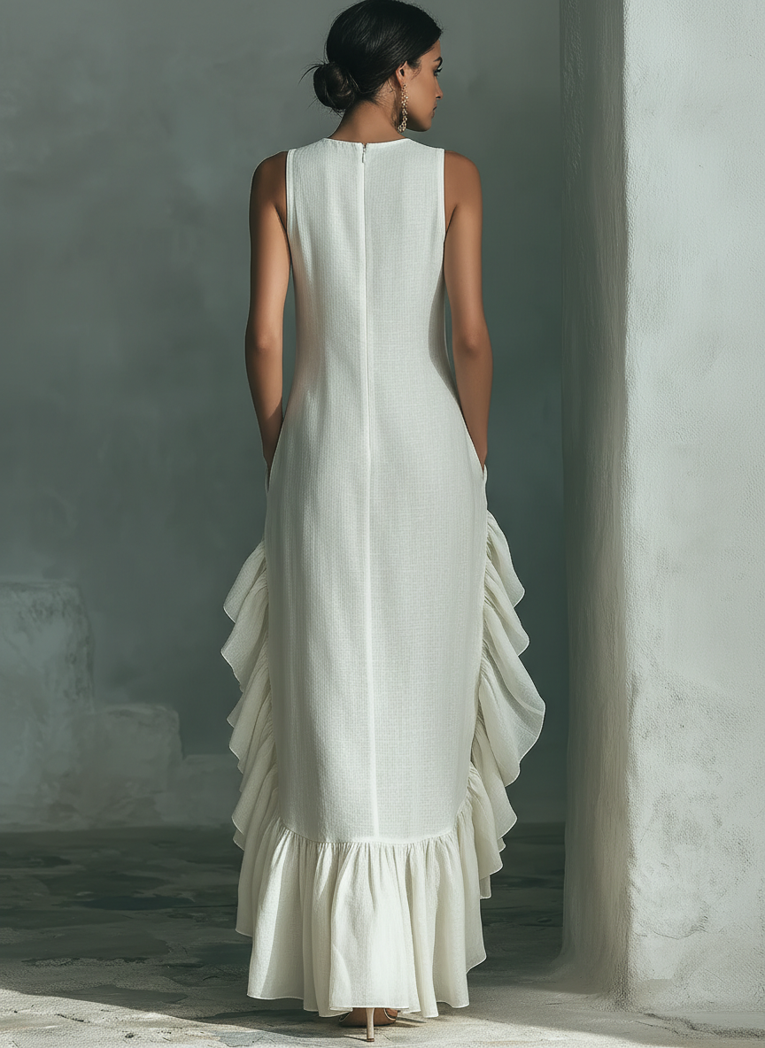 Women's Ivory Linen Fabric Sleeveless Maxi Dress With Round Neck & Ruffle Hem