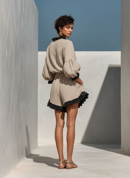 Women’s Beige Linen-Blend Contrast Ruffle Trim Long Sleeve Blouse & High-Waisted Ruffle Hem Shorts Two-Piece Set