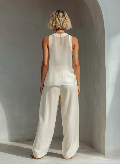 Women's Cream Two-Piece Set With Semi-sheer Chiffon Sleeveless Top & Cotton And Linen Blend Drawstring Wide-Leg Trousers