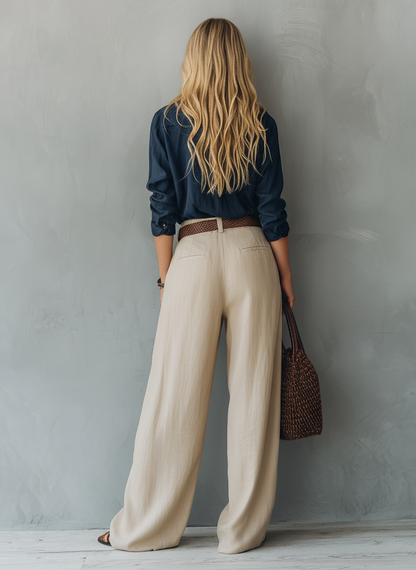 Women's Casual Navy Blue Cotton-Linen Long-Sleeve Pullover Shirt Paired With Khaki Cotton-Linen Trousers (Belt Not Included)