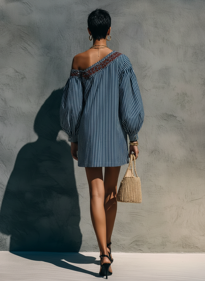 Women's Minimalist Striped One-Shoulder Long-Sleeve Embroidered Mini Dress