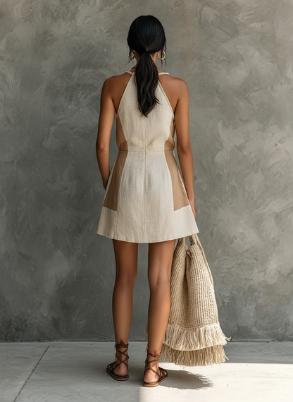 Women's Casual Off-White And Khaki Color-Blocked Cotton And Linen Halter Neck Fitted Waist Mini Dress