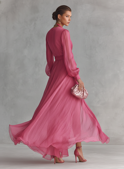 Elegant long pink dress with pearls and V-neck for women