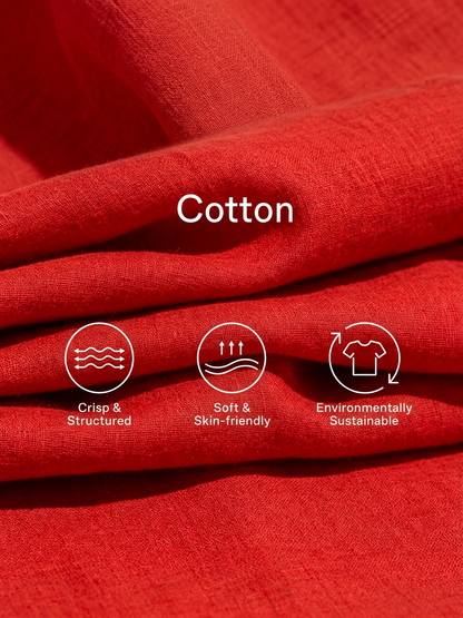 Women’s Red Linen Two-Piece Set: Asymmetrical One-Shoulder Top (Without Neck Scarf) & Wide-Leg Pants With Pockets