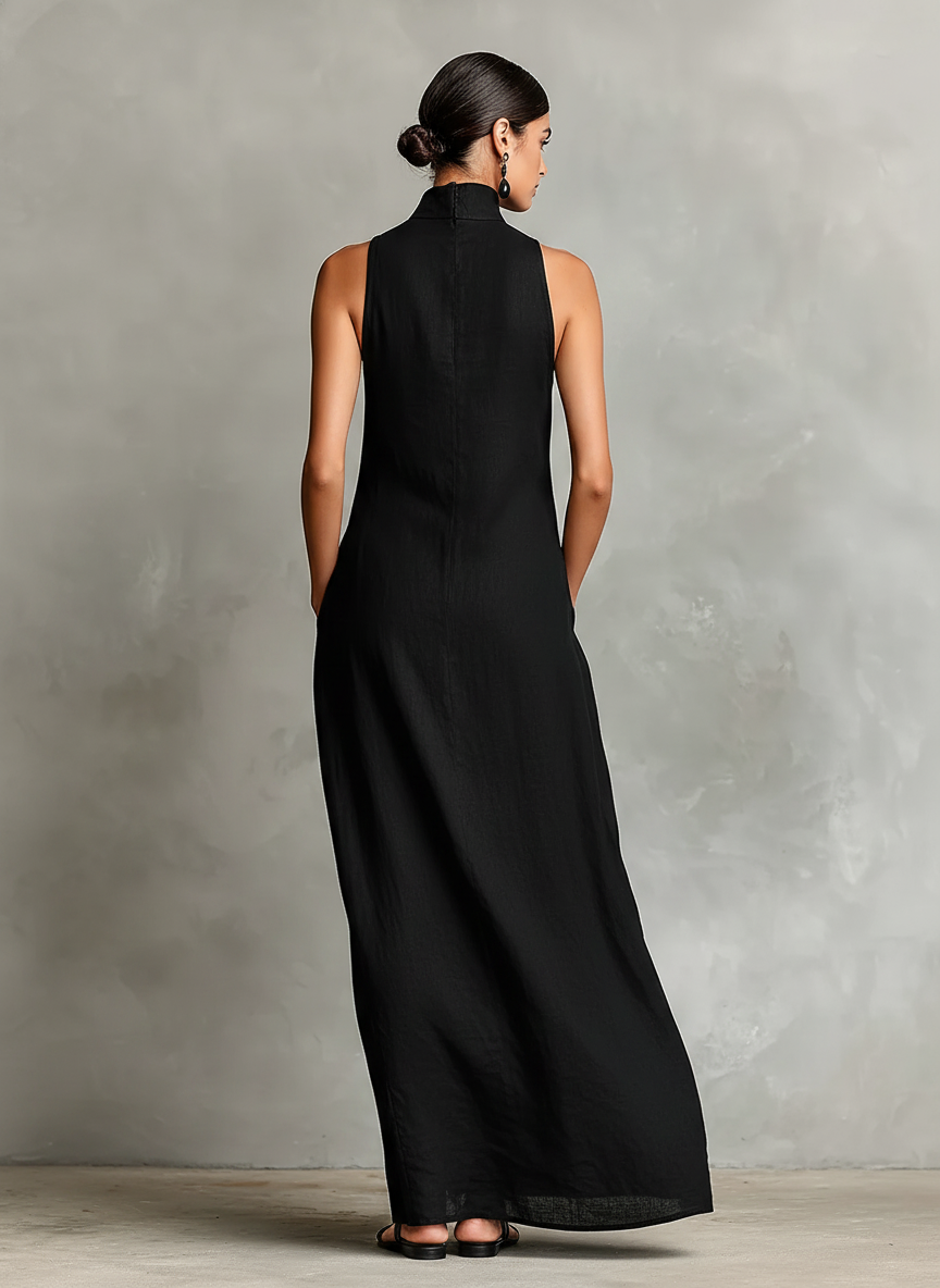 Women's Black Linen-Blend Maxi Dress With High Neck & Side Pockets, Timeless Minimalist Casual Dress