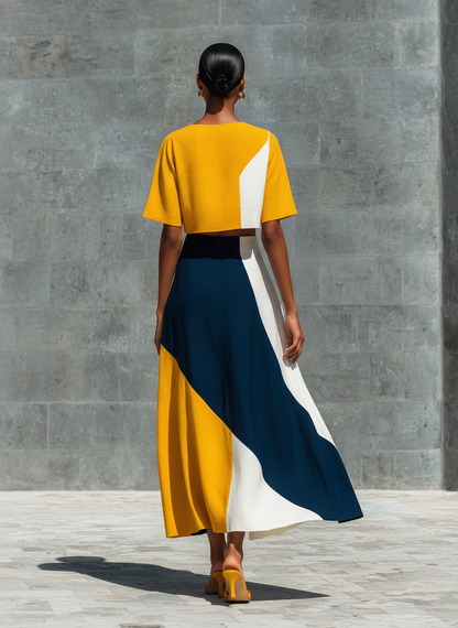 Women’s Color Block Linen Round Neck Puff Sleeve Crop Top & High Waist Asymmetric Color Block Midi Skirt Two-Piece Matching Set