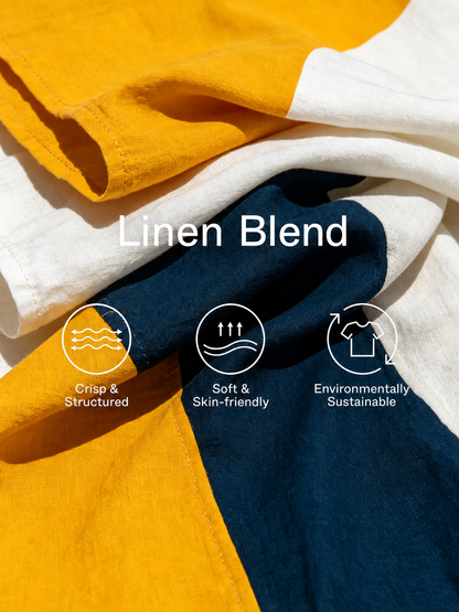 Women’s Color Block Linen Round Neck Puff Sleeve Crop Top & High Waist Asymmetric Color Block Midi Skirt Two-Piece Matching Set