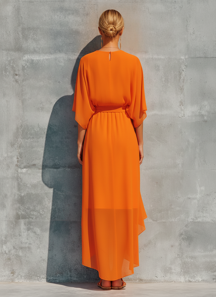 Women's Orange Chiffon Wrap Top And Asymmetric Ruffled Midi Skirt Set