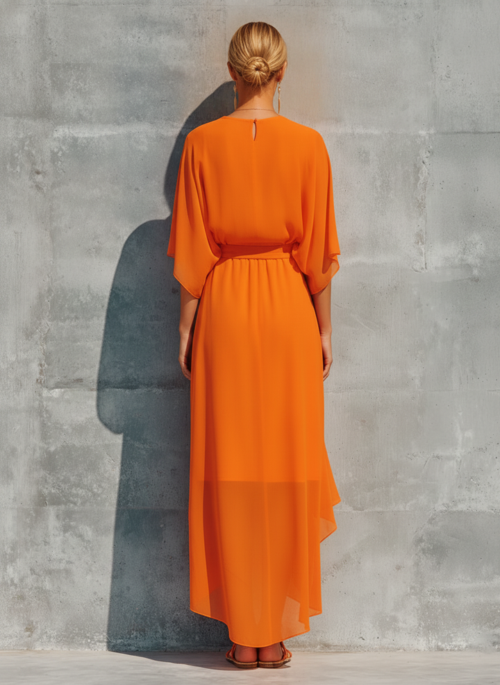 Women's Orange Chiffon Wrap Top And Asymmetric Ruffled Midi Skirt Set