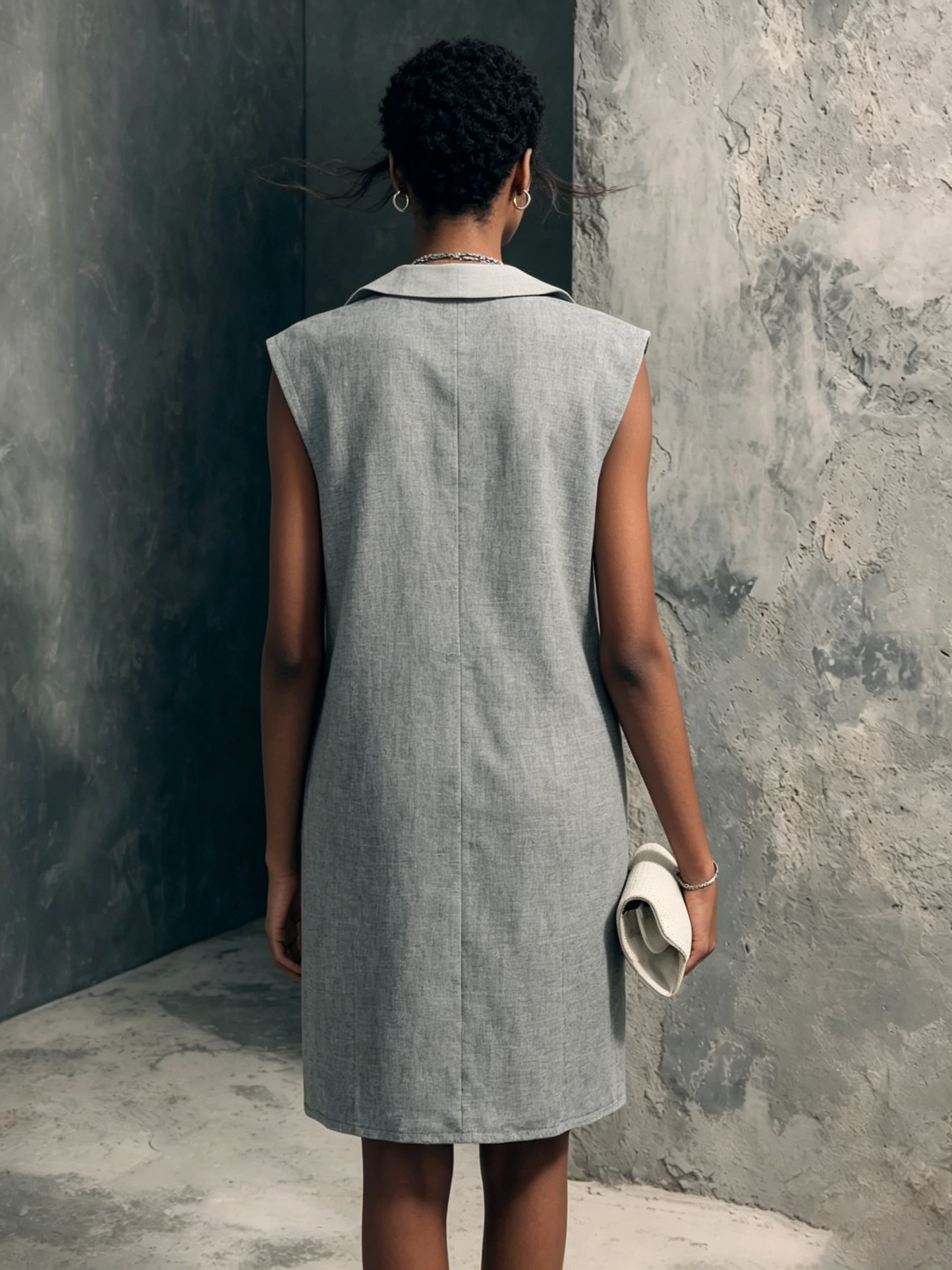 Women's Casual Light Gray Linen Cotton Lapel Half Placket Straight Mini Sleeveless Dress