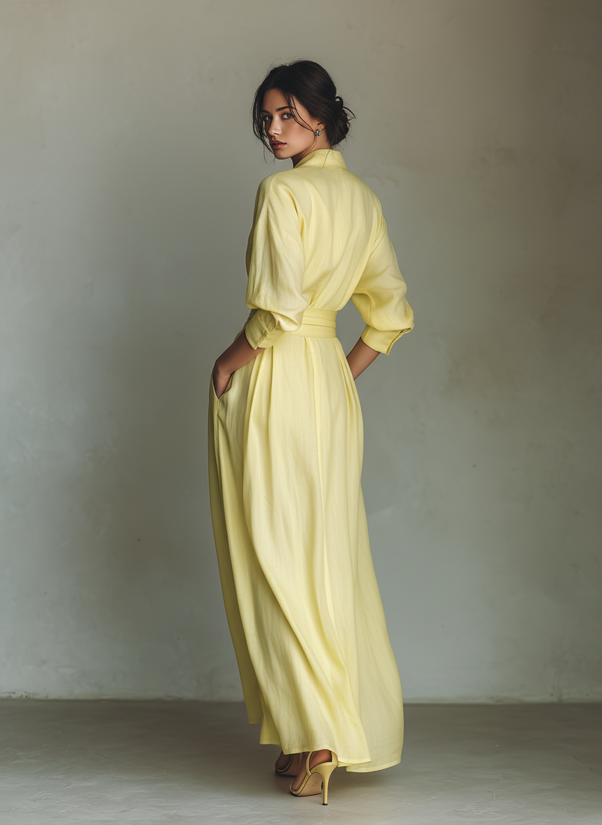 Maxi Shirt Dress for Women in Lemon Yellow with a Tie Belt & Three-Quarter Sleeves